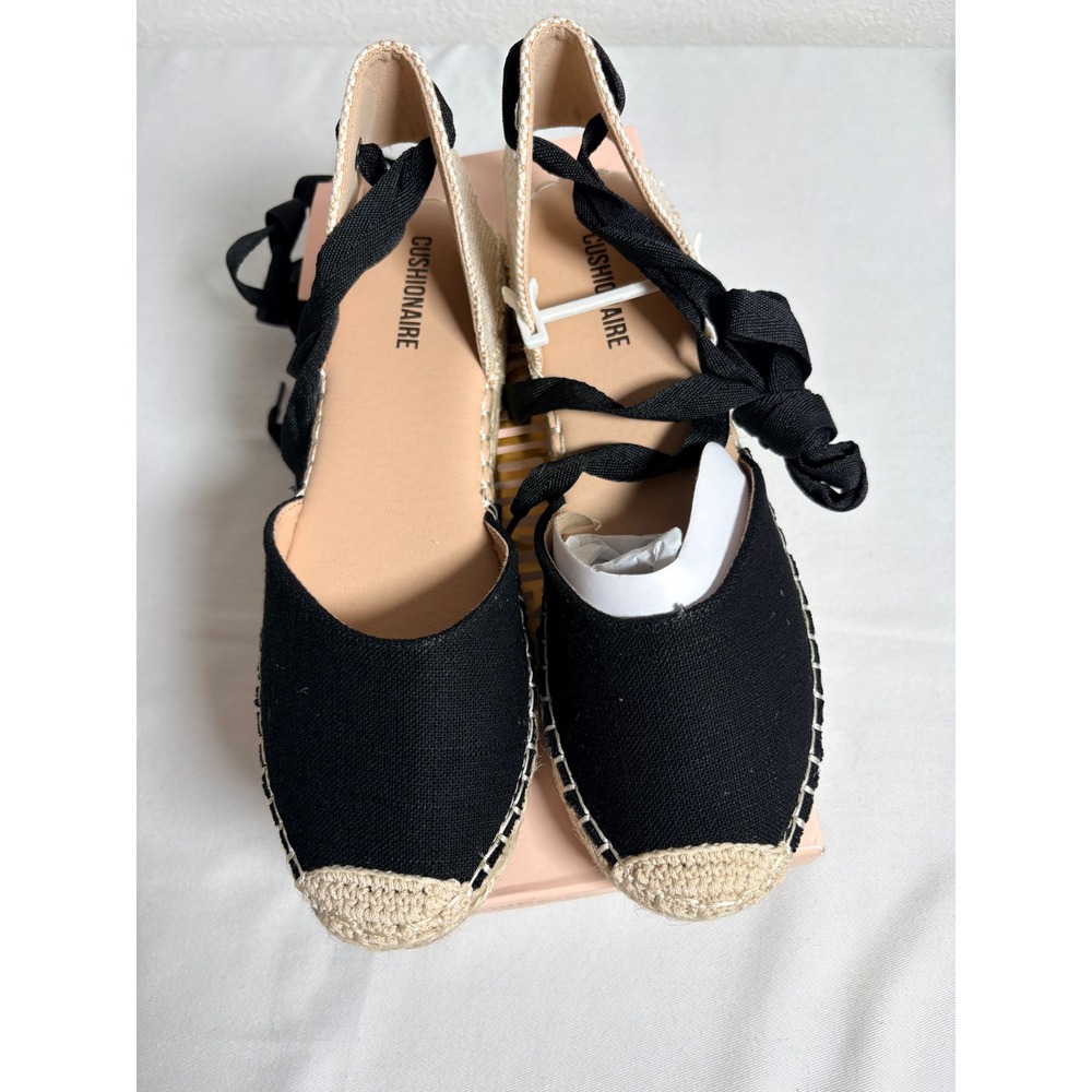 Cushionaire Talisa Espadrille Flats 8.5 Black New Lace Up Canvas Jute Ribbon